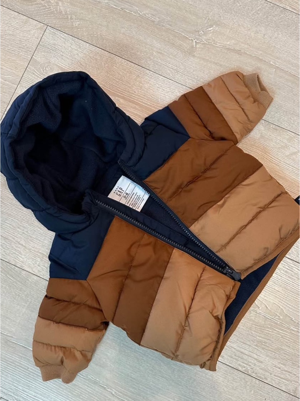 GAP Baby Colorblock Puffer Jacket in Navy and Brown